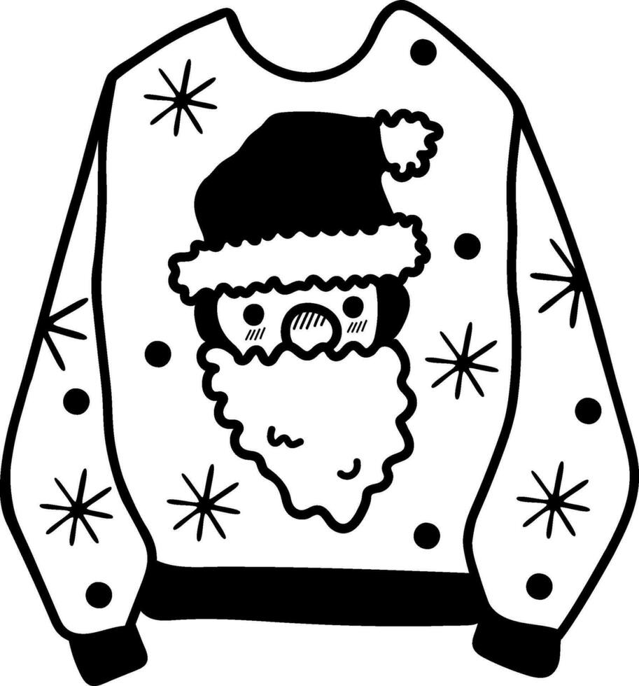 Célibataire griffonnage Noël chandail avec Père Noël claus impression dans noir et blanc couleurs. isolé sur blanche. vecteur