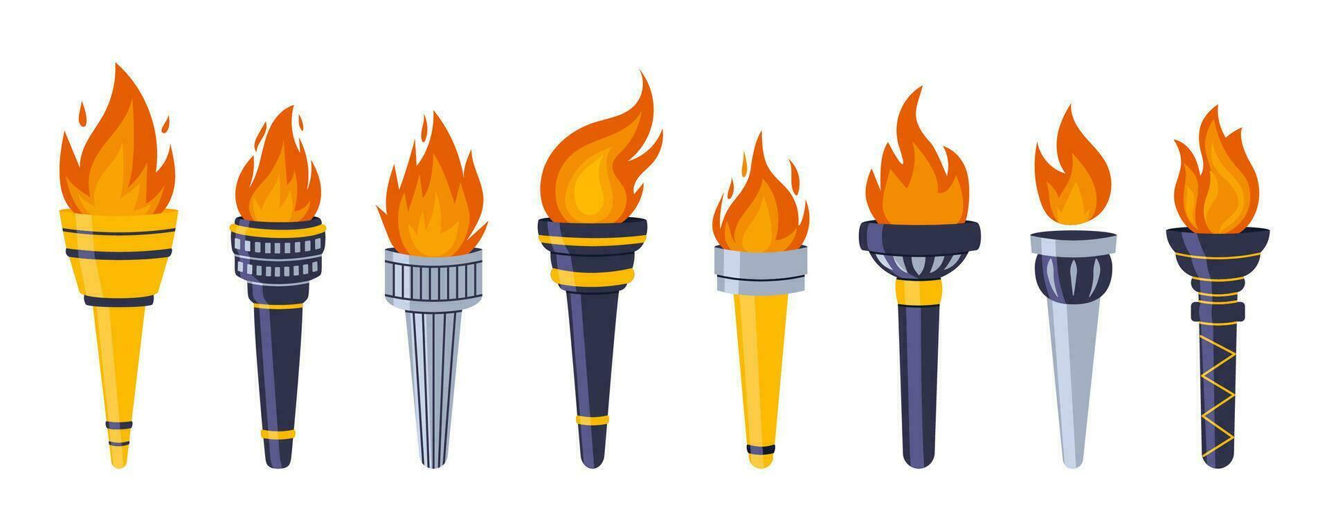 torches avec brûlant Feu flamme ensemble. différent formes torche flamboyant. symbole concours, sport, Jeux, la victoire, championnat. vecteur illustration isolé dans dessin animé style