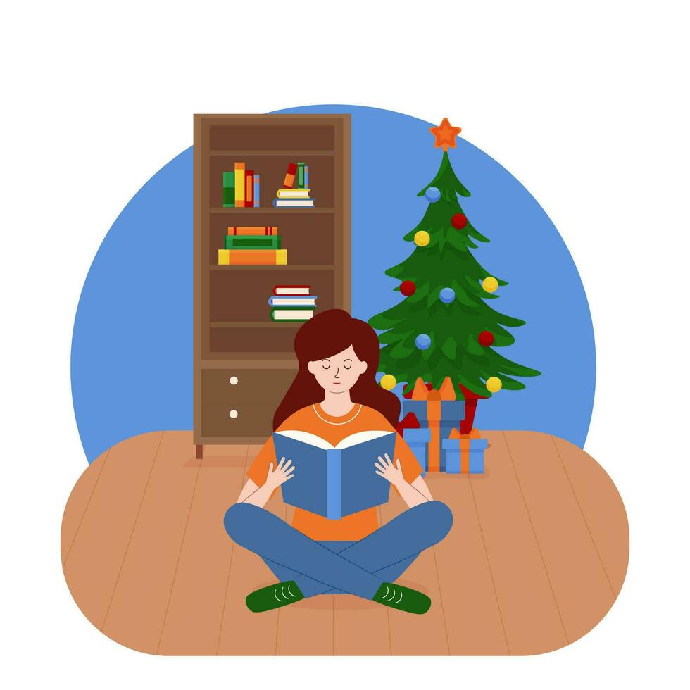 une femme asseoir dans une pièce en train de lire une livre. Noël veille. vecteur illustration. Nouveau année et Noël Fée contes.