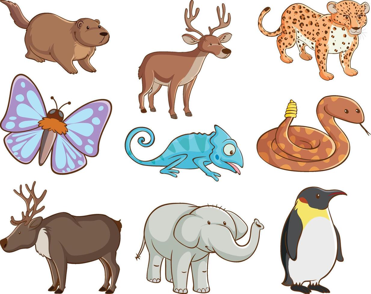 main tiré mignonne animaux collection, grande ensemble de faune avec beaucoup les types de animaux et insectes vecteur