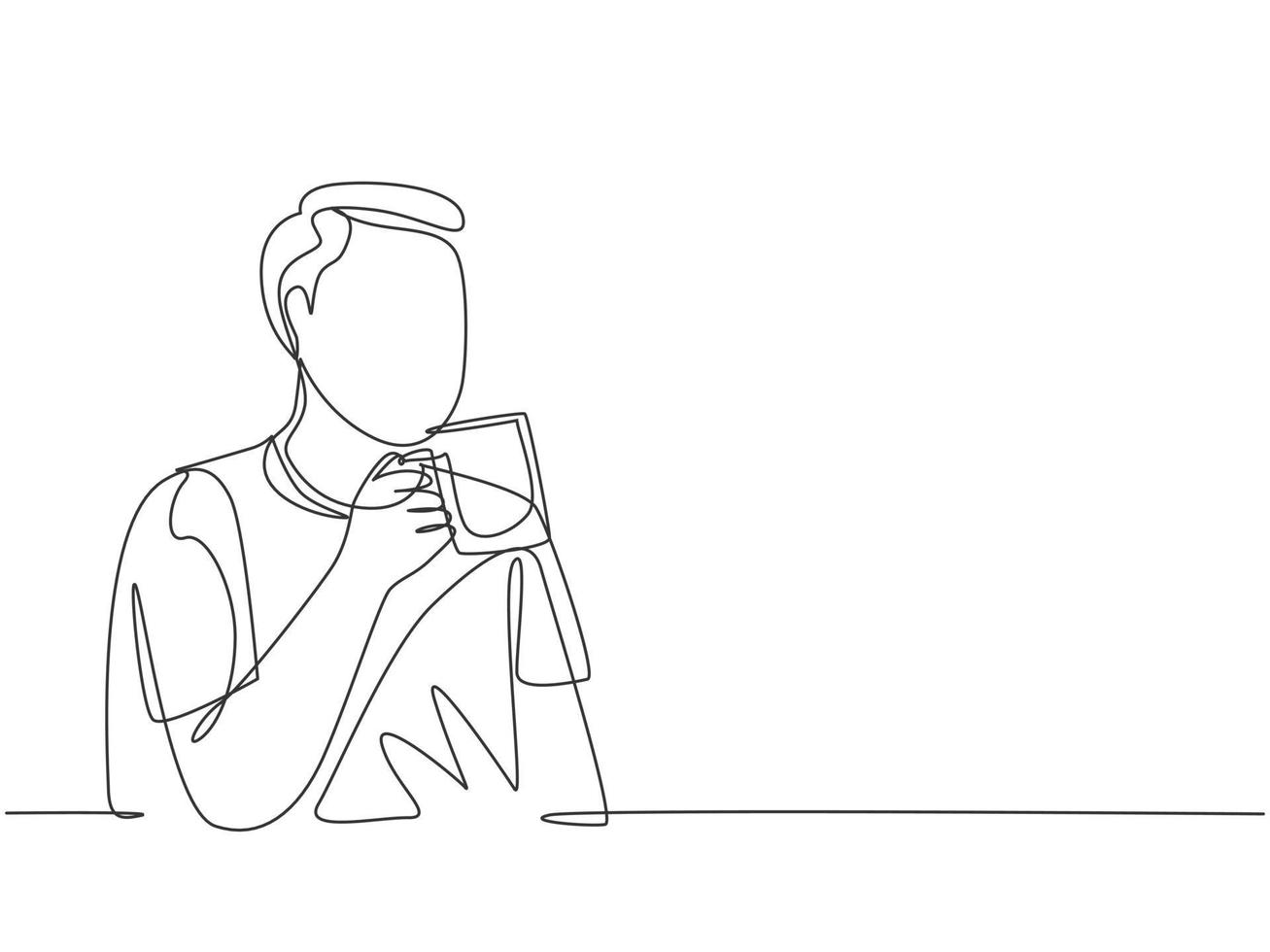 un seul dessin au trait d'un jeune homme décontracté heureux dégustant une tasse de chocolat chaud au bon goût à la pause. boire du café ou du thé concept ligne continue dessiner symbole design illustration vectorielle vecteur