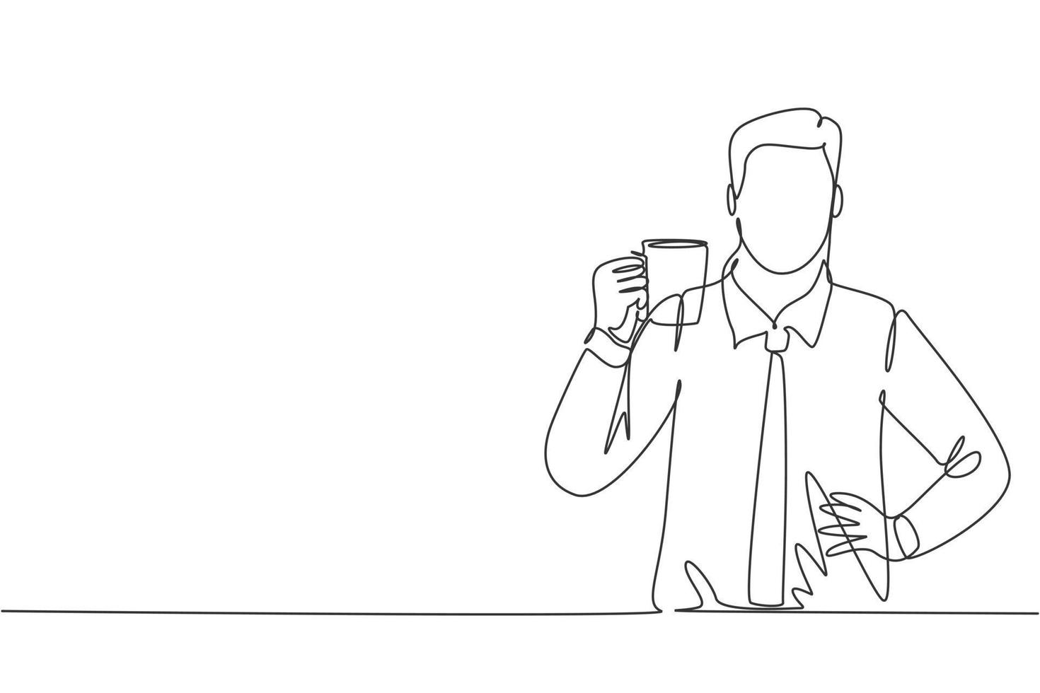 dessin au trait continu unique d'un jeune employé de bureau heureux tenant une tasse de café cappuccino au meilleur goût frais. boire du café ou du thé concept une ligne dessiner illustration vectorielle de dessin animé vecteur