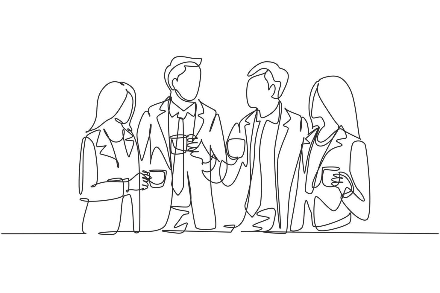 un seul dessin au trait de jeunes employés de bureau masculins et féminins discutant ensemble pendant la pause du bureau. concept de conversation d'affaires. ligne continue dessiner illustration graphique vectorielle de conception vecteur