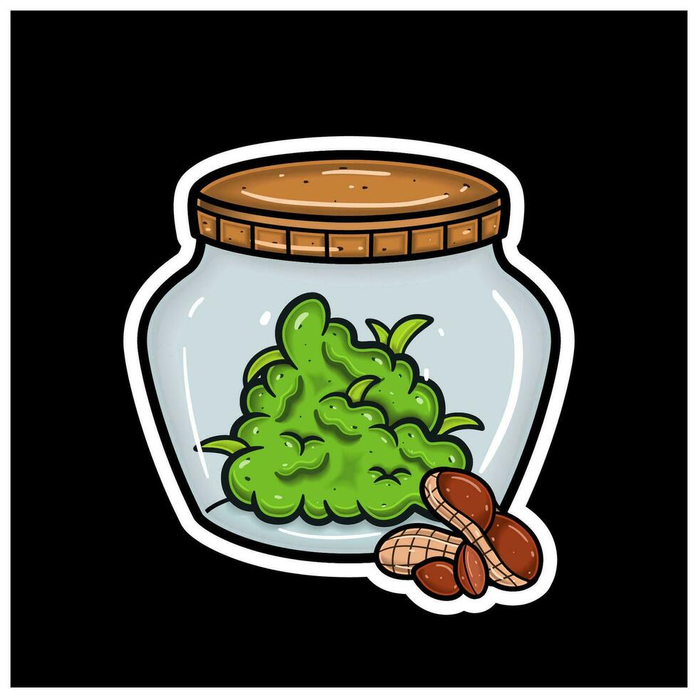 noisette saveur avec dessin animé mascotte de cannabis bourgeon sur pot. pour autocollant et étiqueter. vecteur