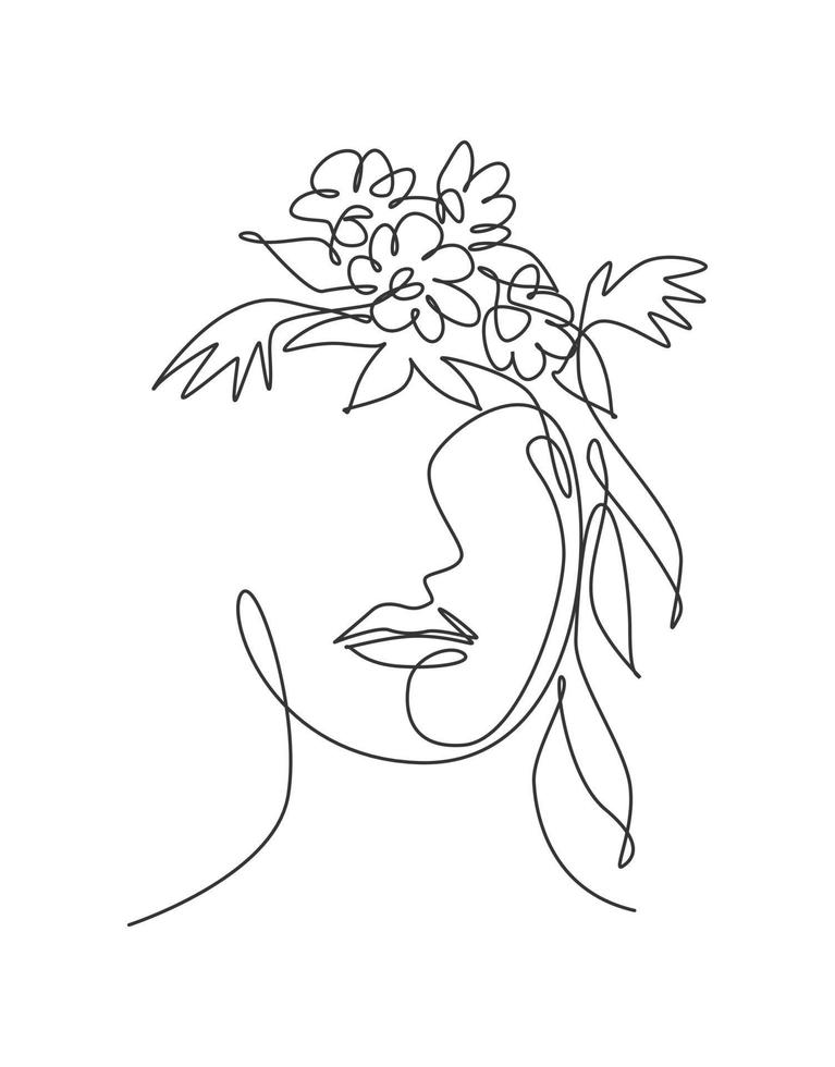 un seul dessin au trait beauté visage abstrait avec illustration vectorielle de fleurs naturelles. concept de style minimaliste de portrait de femme pour l'impression de décor d'art mural. conception graphique de dessin de ligne continue moderne vecteur