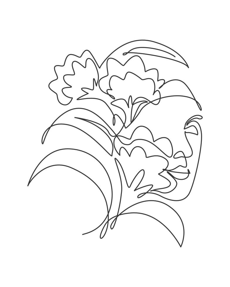 dessin au trait continu simple portrait nature minimaliste. concept de tête de bouquet de fleurs. impression de visage abstrait de salon cosmétique floral de beauté. art une ligne à la mode dessiner illustration graphique vectorielle de conception vecteur