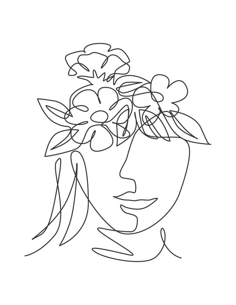 dessin au trait continu simple portrait nature minimaliste. concept de tête de bouquet de fleurs. impression de visage abstrait de salon cosmétique floral de beauté. art une ligne à la mode dessiner illustration graphique vectorielle de conception vecteur