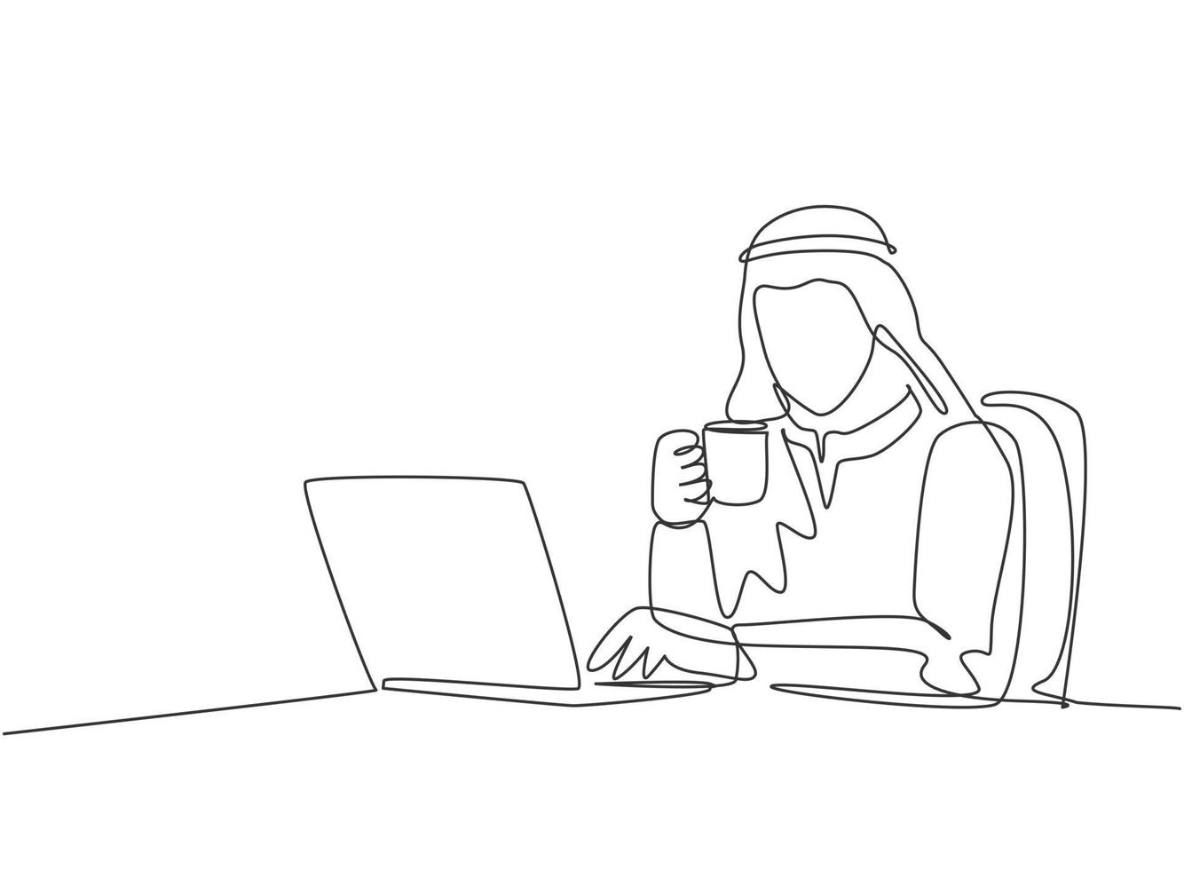 un seul dessin d'un jeune homme d'affaires musulman lisant le rapport annuel sur un écran d'ordinateur portable tout en buvant une tasse de café. vêtements islamiques shemag, kandura, écharpe. conception de dessin en ligne continue vecteur