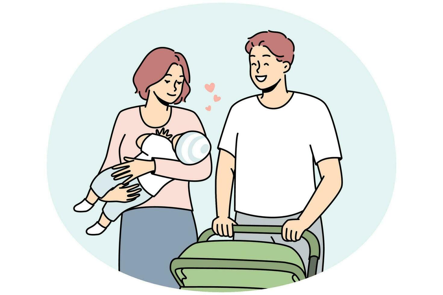 heureuse jeune famille avec bébé marchant avec poussette à l'extérieur. parents souriants avec enfant dans les mains profitant de la promenade à l'extérieur. illustration vectorielle. vecteur