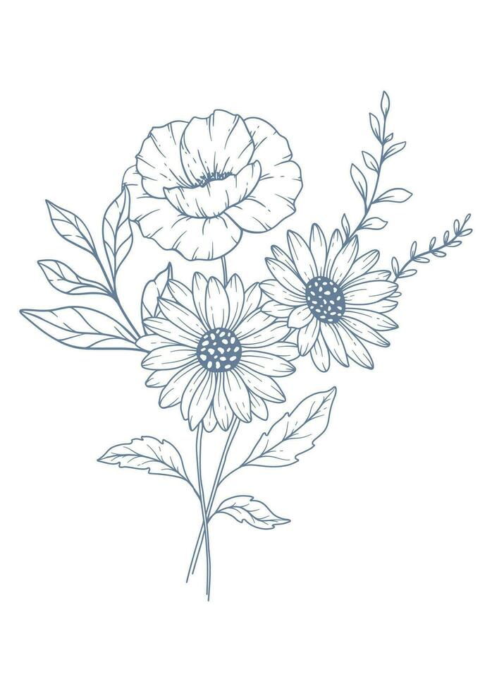 fleurs sauvages ligne dessin. noir et blanc floral bouquets. fleur coloration page. floral ligne art. bien ligne fleurs sauvages illustration. main tiré fleurs. botanique coloration. mariage invitation fleurs vecteur