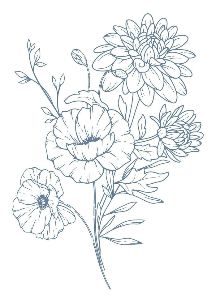 fleurs sauvages ligne dessin. noir et blanc floral bouquets. fleur coloration page. floral ligne art. bien ligne fleurs sauvages illustration. main tiré fleurs. botanique coloration. mariage invitation fleurs vecteur