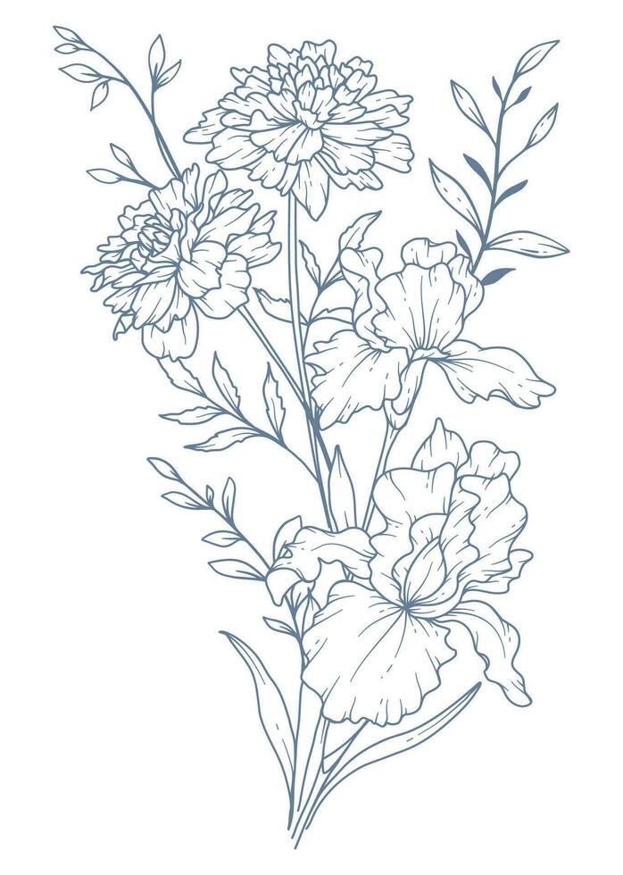 fleurs sauvages ligne dessin. noir et blanc floral bouquets. fleur coloration page. floral ligne art. bien ligne fleurs sauvages illustration. main tiré fleurs. botanique coloration. mariage invitation fleurs vecteur