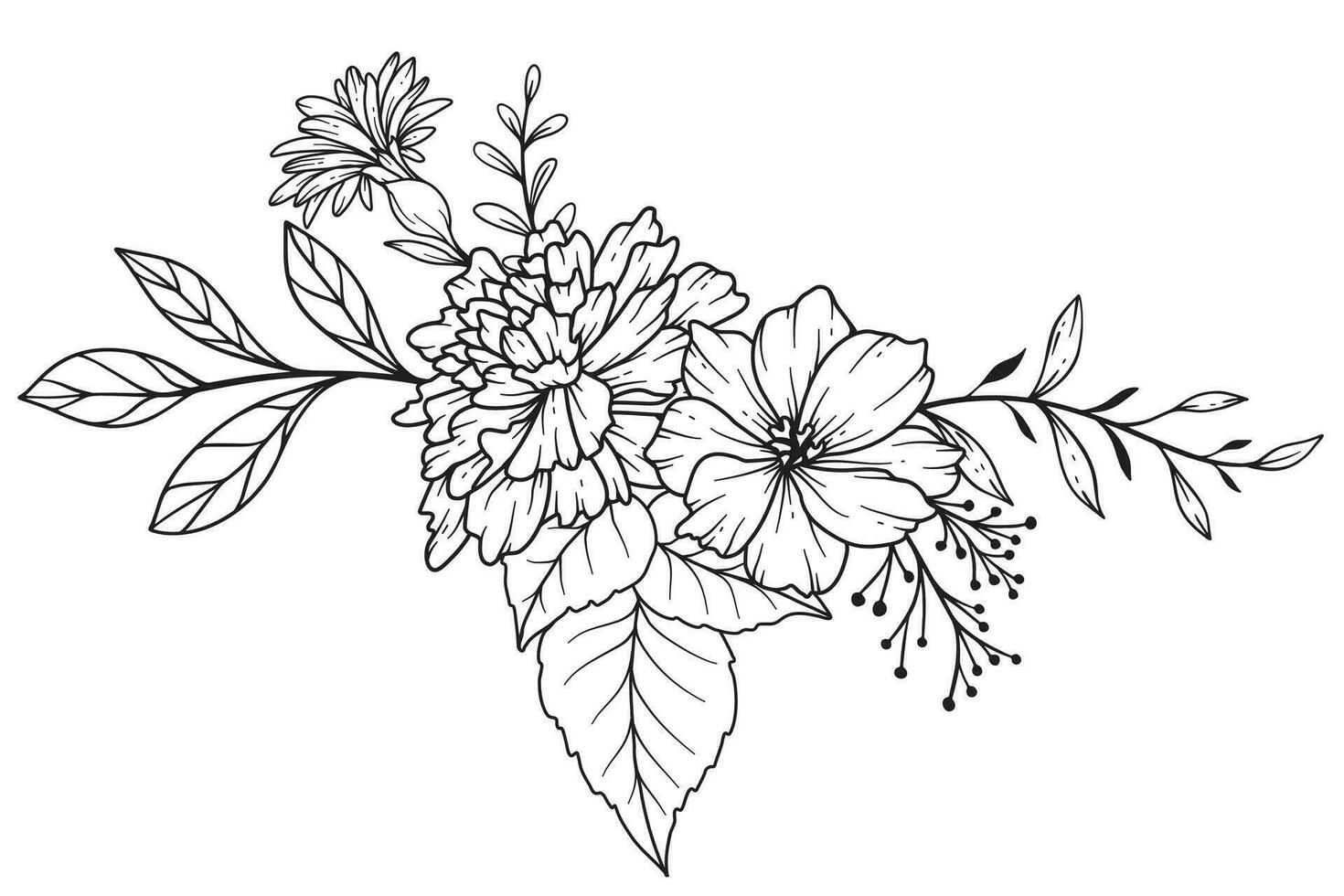 fleurs sauvages ligne dessin. noir et blanc floral bouquets. fleur coloration page. floral ligne art. bien ligne fleurs sauvages illustration. main tiré fleurs. botanique coloration. mariage invitation fleurs vecteur