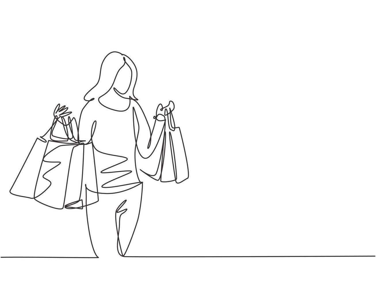 une ligne continue dessinant une jeune femme heureuse de beauté tenant des sacs en papier après avoir acheté une robe, du maquillage, des cosmétiques, de la mode dans un centre commercial. shopping dans le concept de centre commercial. illustration de conception de dessin à une seule ligne vecteur