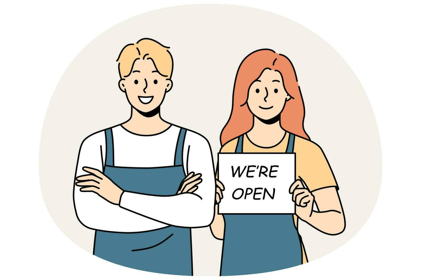 des serveurs souriants en tablier tiennent une pancarte ouverte. le personnel du café homme et femme heureux informe de l'ouverture du magasin. illustration vectorielle. vecteur