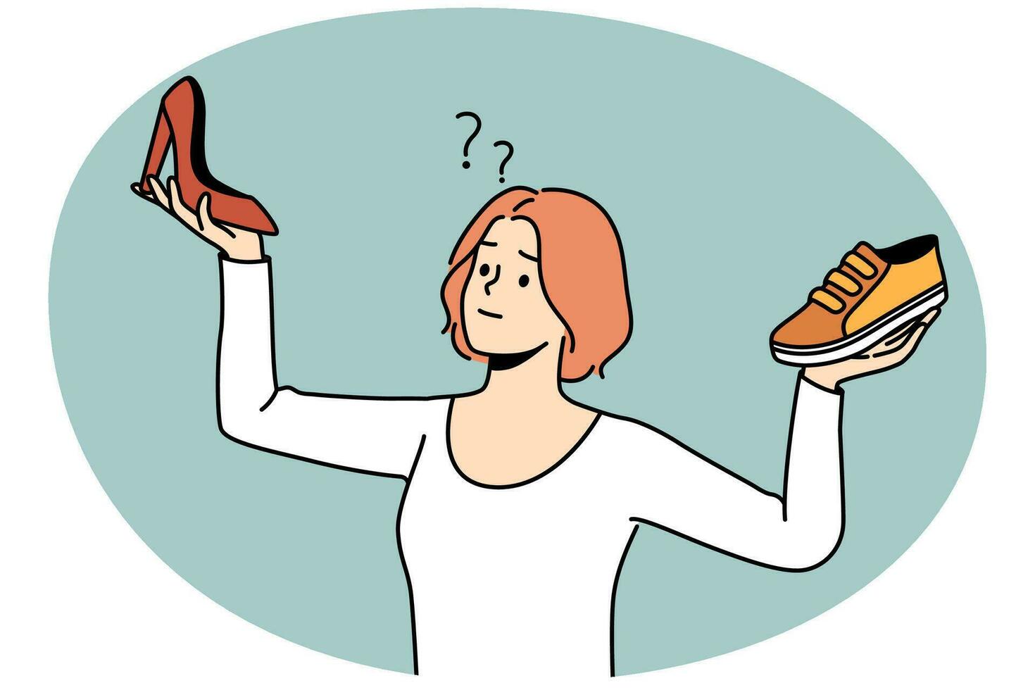 jeune femme confuse choisissant entre différents types de chaussures. une fille frustrée fait le choix entre des baskets et des talons. la mode et le style. illustration vectorielle. vecteur