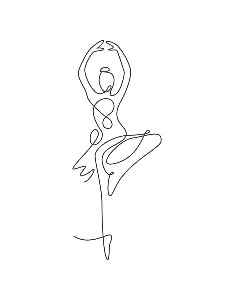 une seule ligne continue dessinant une jolie ballerine dans un style de danse de mouvement de ballet. logo de concept de danseuse sexy de beauté, art d'impression d'affiche minimaliste. illustration graphique de vecteur de conception de dessin d'une ligne à la mode