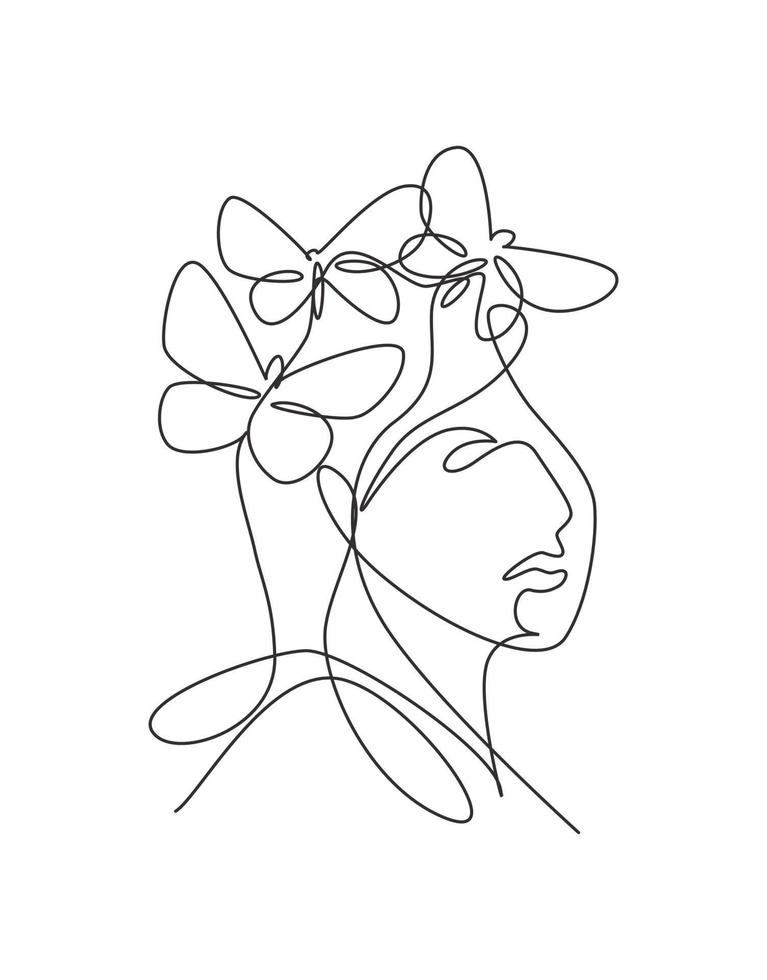 une ligne continue dessinant un visage abstrait de femme sexy avec le logo d'ailes de papillon. concept de style minimaliste de portrait féminin. icône cosmétique. illustration graphique de vecteur de conception de dessin de ligne unique dynamique