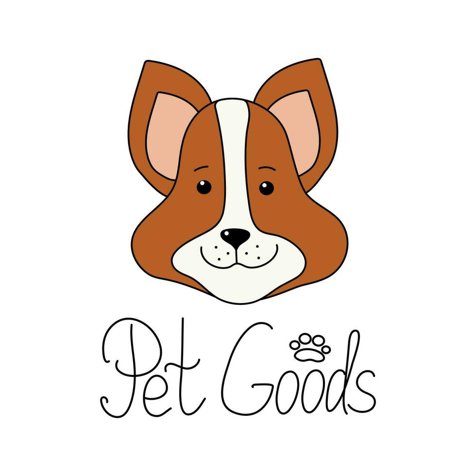 portrait dessin animé chien. des produits, animal de compagnie nourriture, dessin. calligraphie, main caractères. patte imprimer. mignonne chien museau. corgi race. bannière, logo. vecteur illustration sur isolé Contexte.