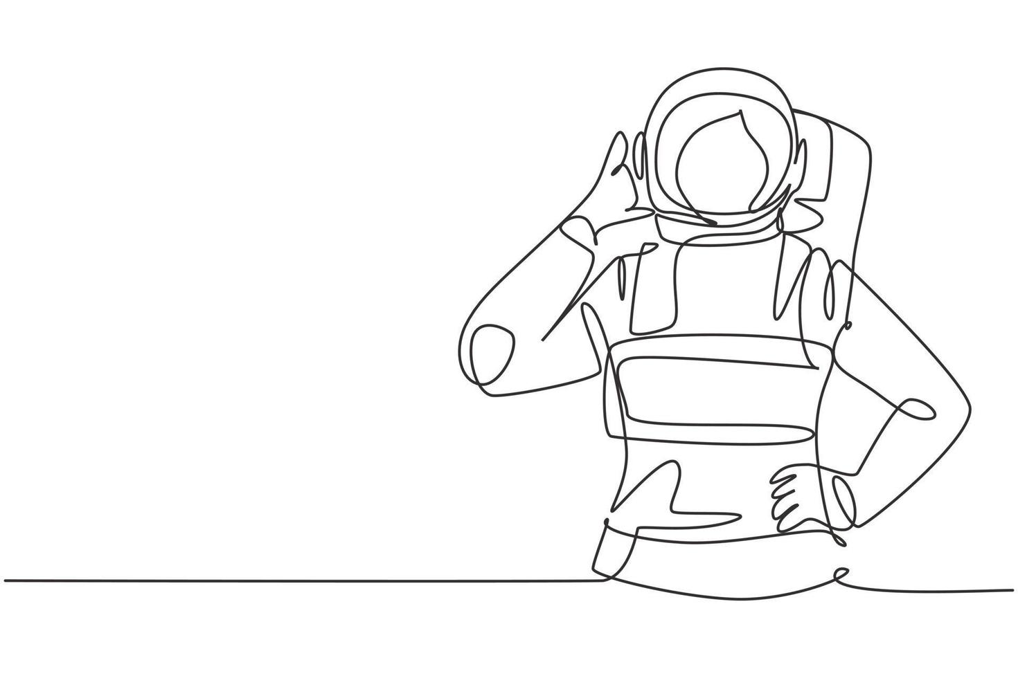 Une seule ligne dessinant une femme astronaute avec le geste de m'appeler portant des combinaisons spatiales pour explorer l'espace à la recherche des mystères de l'univers. illustration vectorielle graphique de conception de ligne continue moderne vecteur