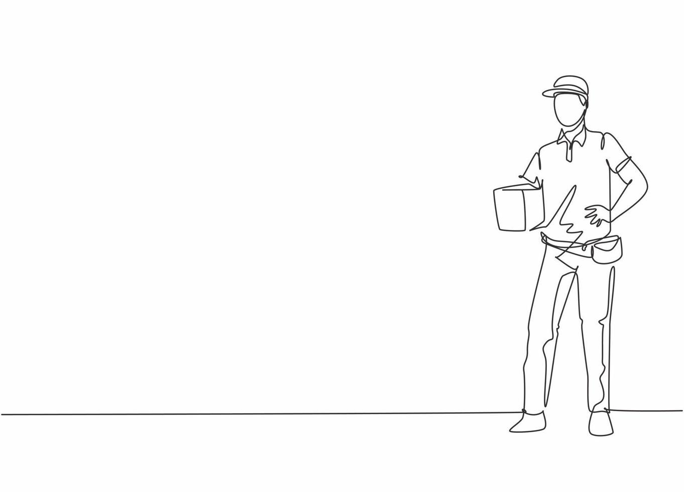 dessin au trait continu unique du jeune livreur beau pose debout tout en tenant la boîte. travail professionnel emploi emploi. concept de minimalisme une ligne dessiner illustration vectorielle de conception graphique vecteur