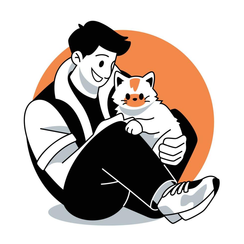 homme séance en portant une chat vecteur illustration dans plat ligne dessin animé style