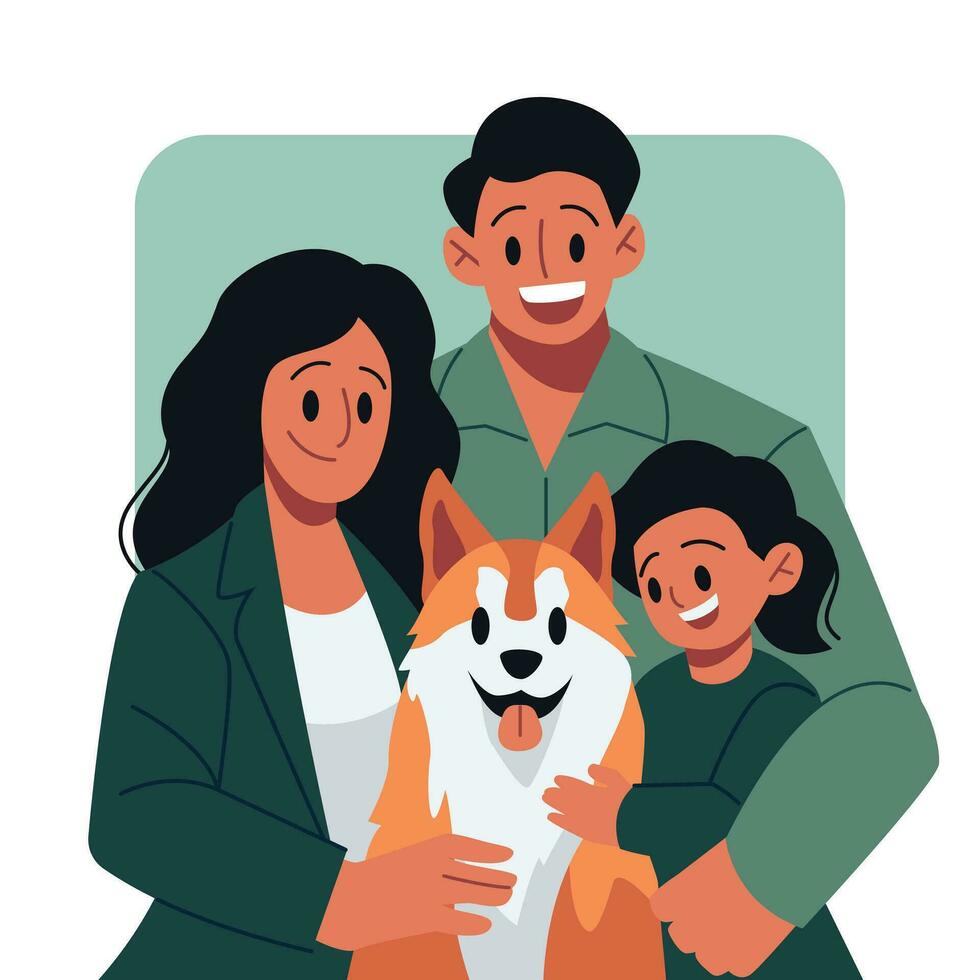 content famille avec chien vecteur illustration dans plat ligne dessin animé style