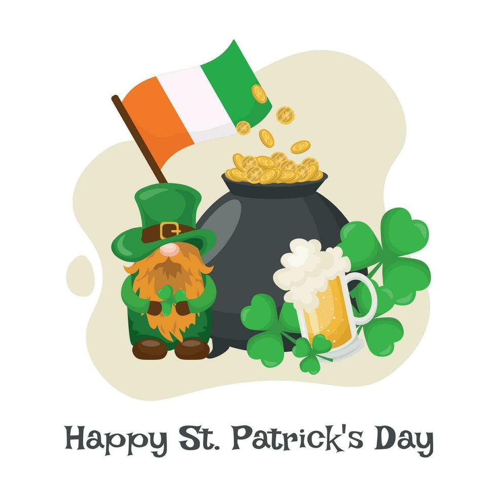 content st patrick's journée sur 17 Mars avec d'or pièces de monnaie, content lutin Bière pub et trèfle dans plat dessin animé Contexte conception. vecteur illustration