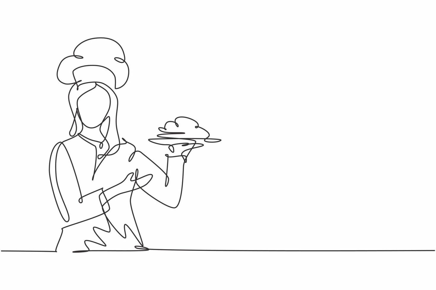 dessin d'une seule ligne jeune femme chef heureuse de beauté donne un bon geste de dégustation tout en servant le plat principal au restaurant. nourriture délicieuse goût tendance une ligne dessinés à la main illustration vectorielle minimalisme vecteur