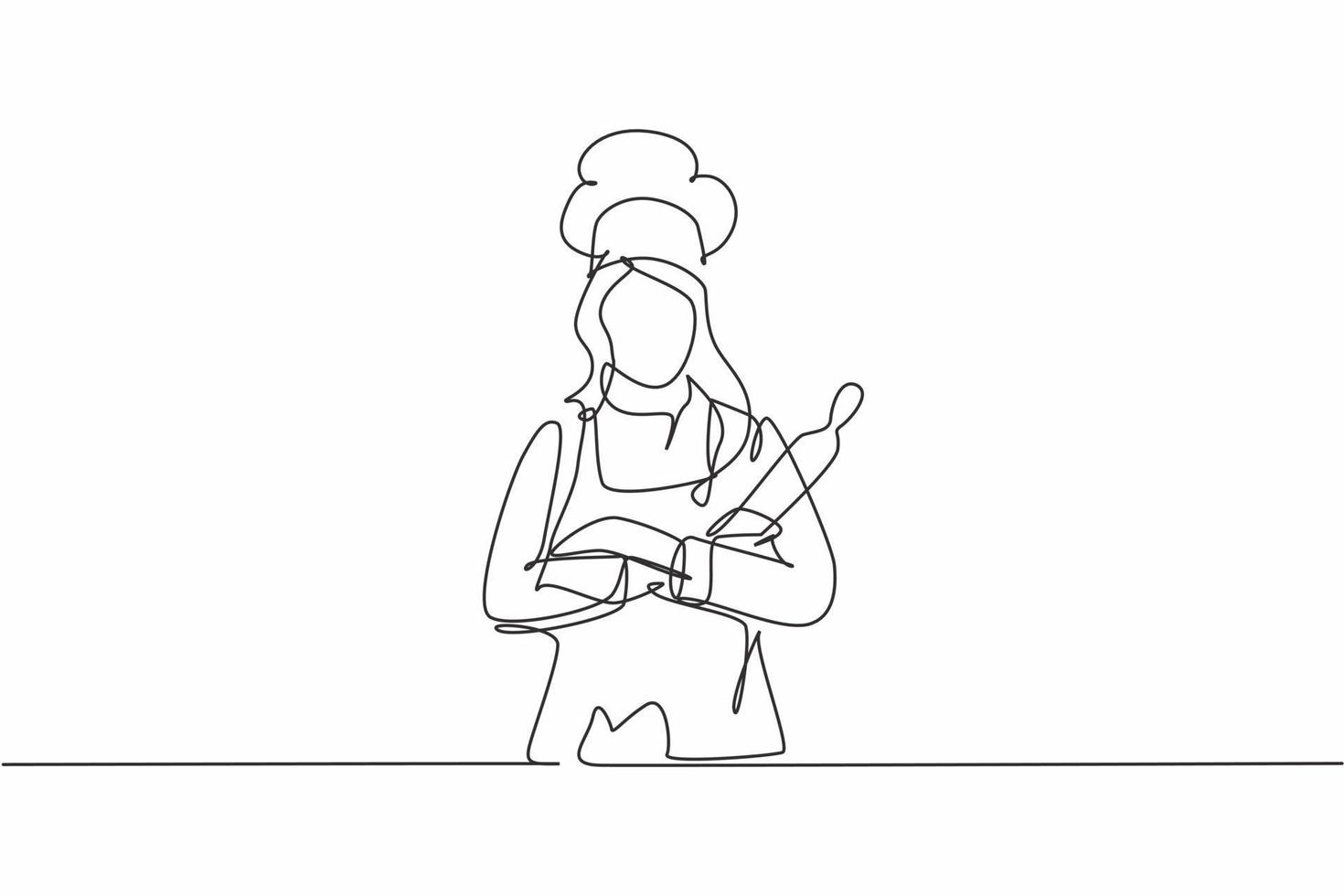 dessin continu d'une ligne d'une jeune femme chef séduisante tenant un rouleau à pâtisserie en bois tandis que le bras croisé sur la poitrine. Service excellent concept ligne unique dessiner illustration vectorielle de conception graphique vecteur