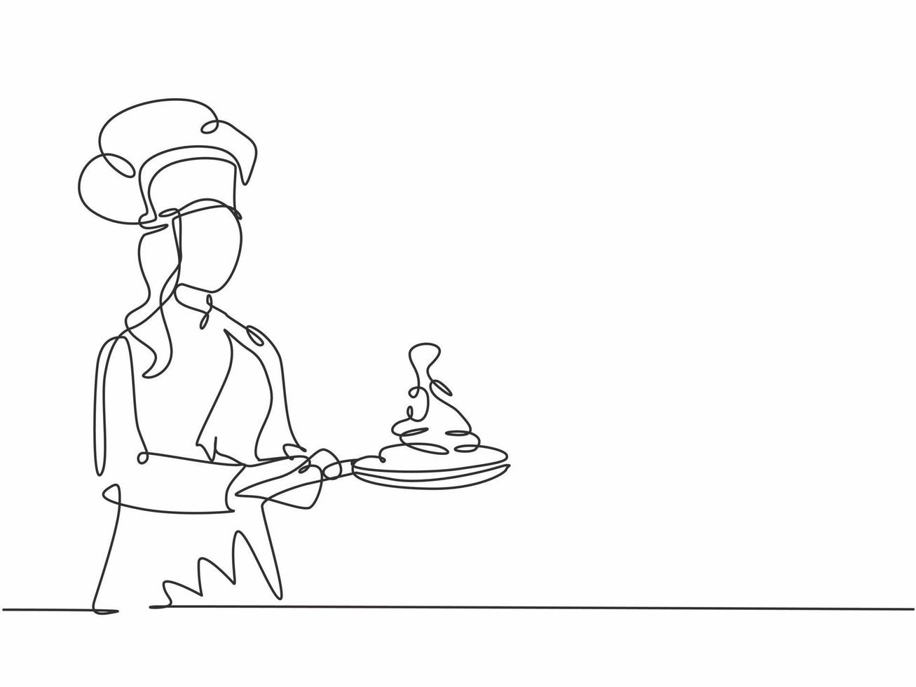 dessin au trait continu unique d'une jeune chef féminine de beauté confiante jetant un ingrédient sur une casserole tout en faisant sauter la nourriture. concept d'aliments sains un dessin au trait conception vecteur minimalisme illustration