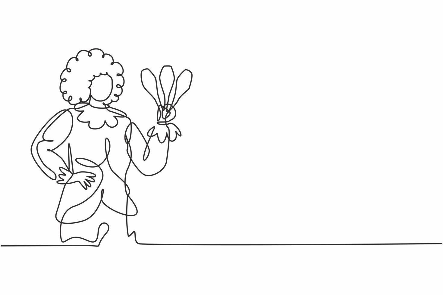 dessin continu d'une ligne jeune belle femme clown drôle tenant jonglant avec les mains sur la hanche. concept minimaliste de profession d'emploi professionnel. illustration graphique de vecteur de conception de dessin à une seule ligne