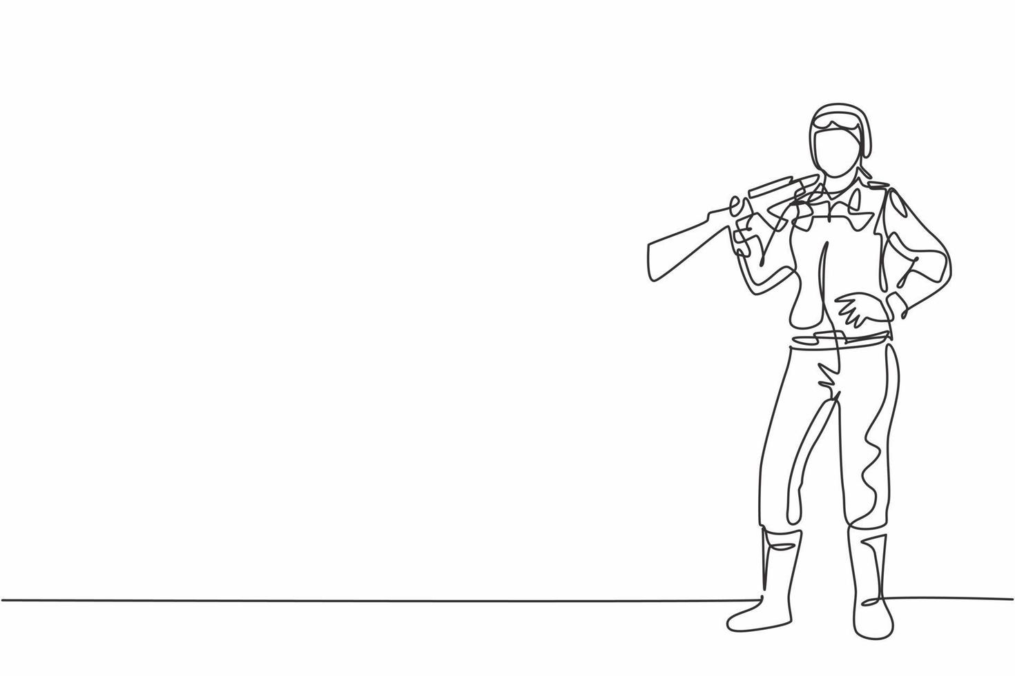 dessin d'une seule ligne jeune femme soldat debout et pose avec les mains sur la hanche. profession de travail professionnel et concept minimal d'occupation. illustration vectorielle graphique de conception de dessin de ligne continue vecteur