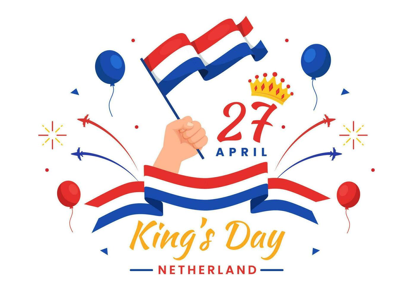 content rois Pays-Bas journée vecteur illustration sur 27 avril avec agitant drapeaux et ruban dans Roi fête plat dessin animé Contexte conception