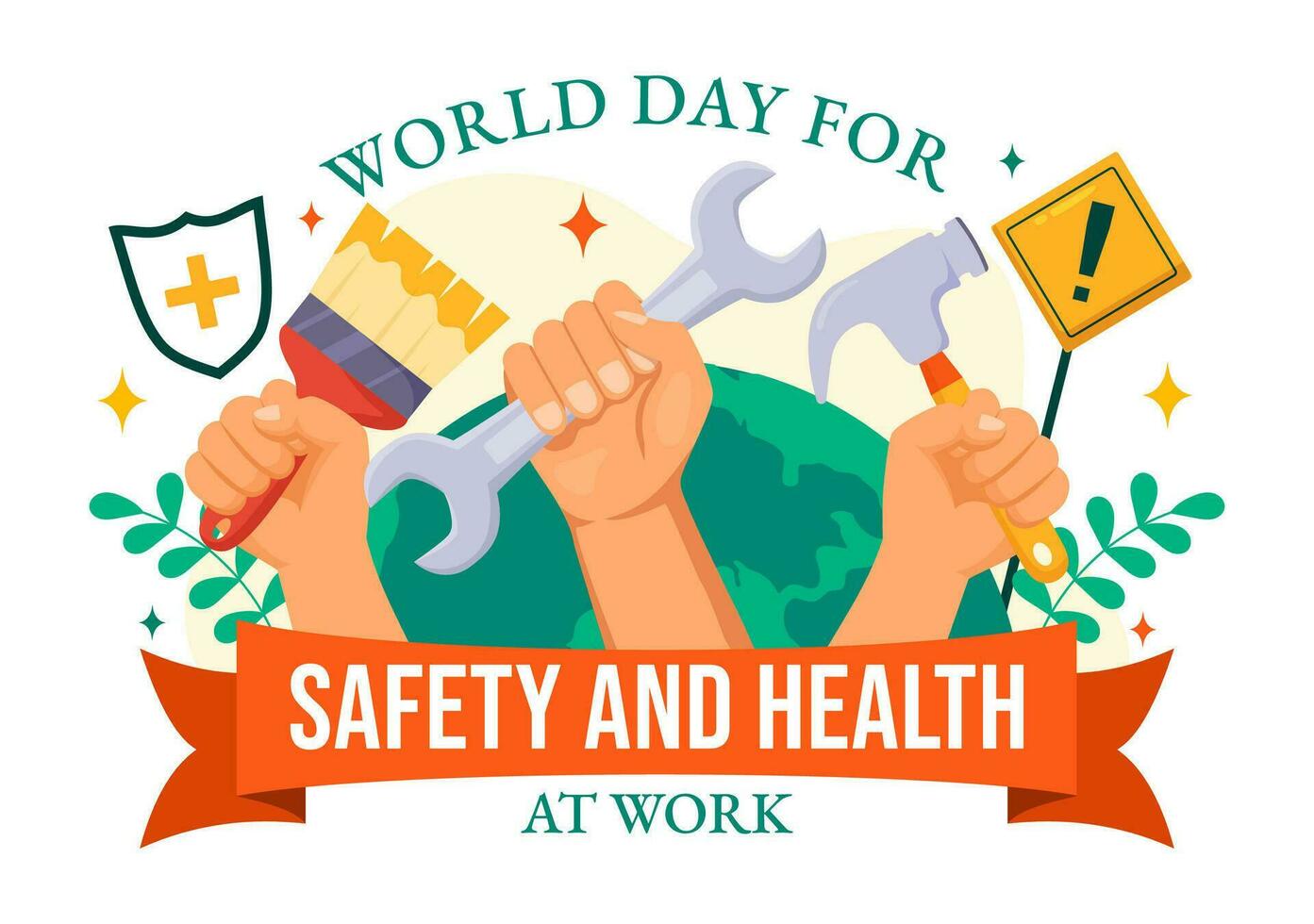 monde journée pour sécurité et santé à travail vecteur illustration sur avril 28 avec mécanicien outil et construction casque dans plat dessin animé Contexte