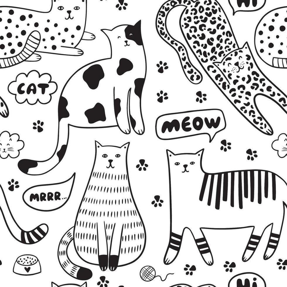 puéril vecteur illustration avec chats, discours bulles, court phrases et pattes.
