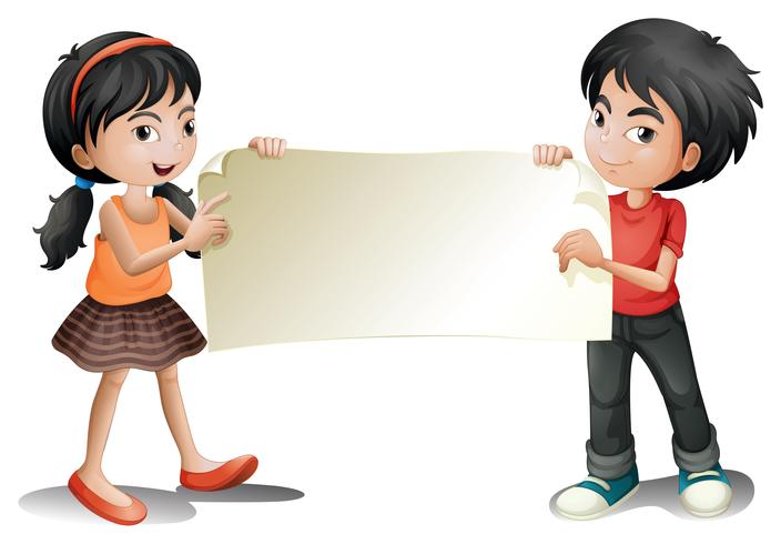 Une fille et un garçon tenant un affichage vide vecteur