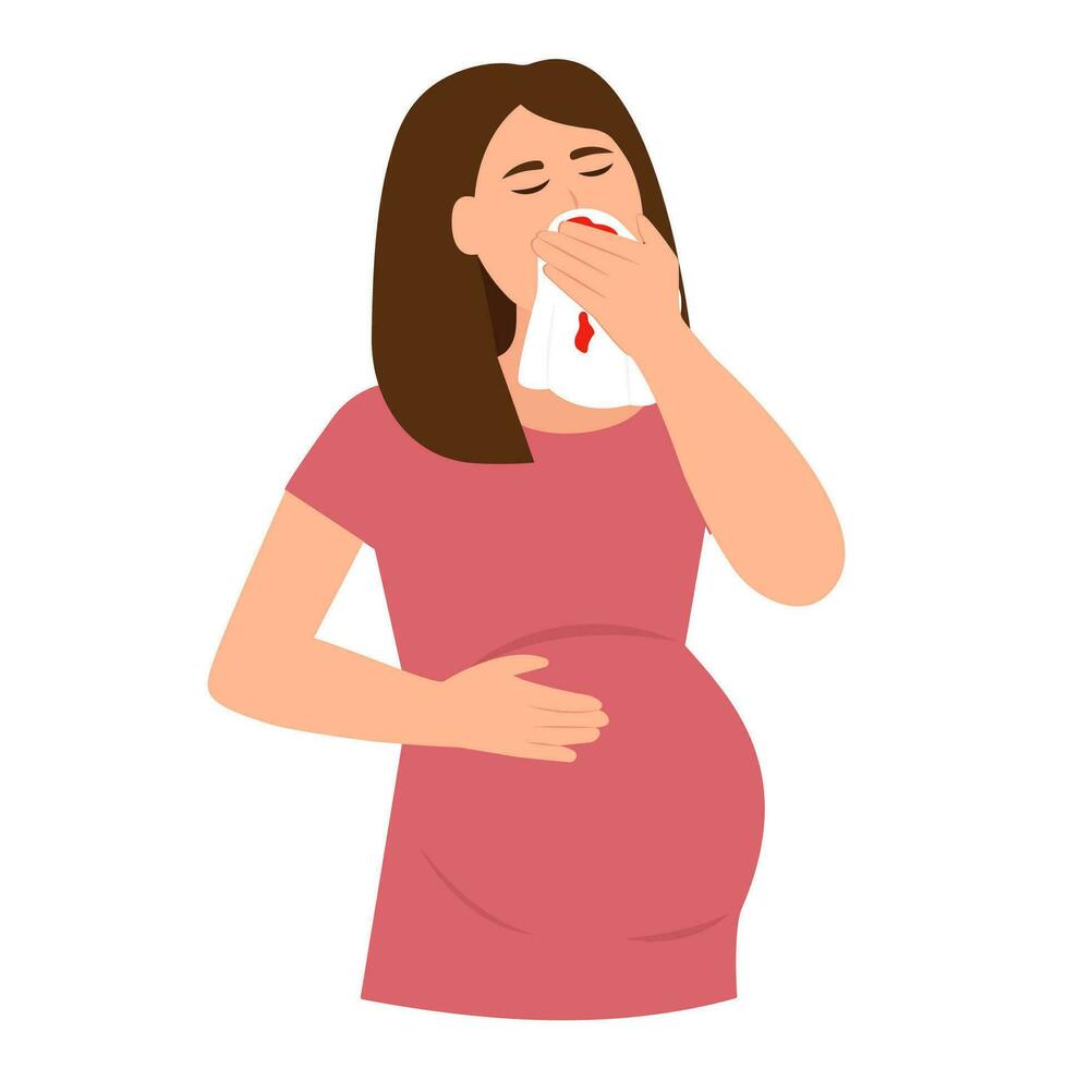 Enceinte femme en portant tissu ou mouchoir et essuyage du sang de sa nez. nez saignement symptôme. vecteur illustration