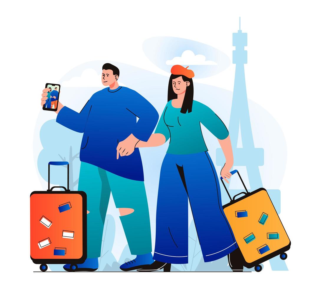 concept de personnes en voyage dans un design plat moderne. un couple de voyageurs avec des bagages est parti en vacances et prend un selfie à paris. tourisme mondial et visites dans les lieux touristiques français. illustration vectorielle vecteur