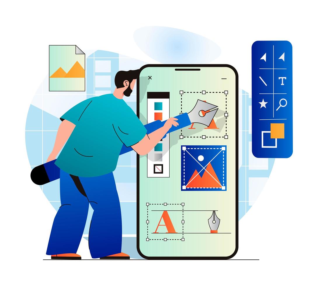 concept de studio de design au design plat moderne. homme designer dessinant des éléments graphiques à l'aide de l'outil stylo, crée des images, travaille avec des polices, optimise l'interface de l'application mobile. illustration vectorielle vecteur