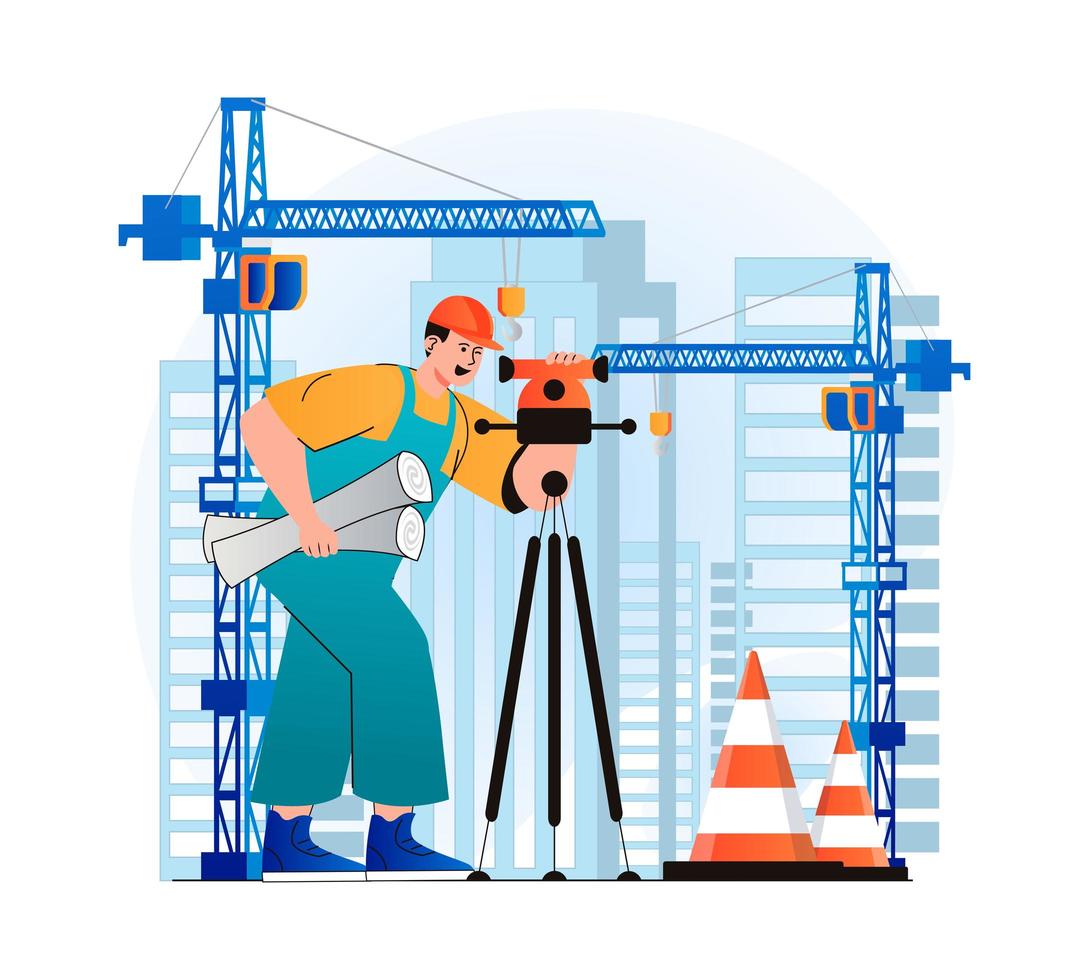 concept d'ingénieur en construction dans un design plat moderne. l'arpenteur prend des mesures et tient des dessins d'exécution. constructeur travaille au chantier de construction avec des grues. entreprise immobilière. illustration vectorielle vecteur