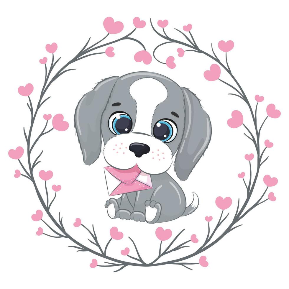 mignon petit chien avec lettre. clipart de la Saint-Valentin heureuse. vecteur