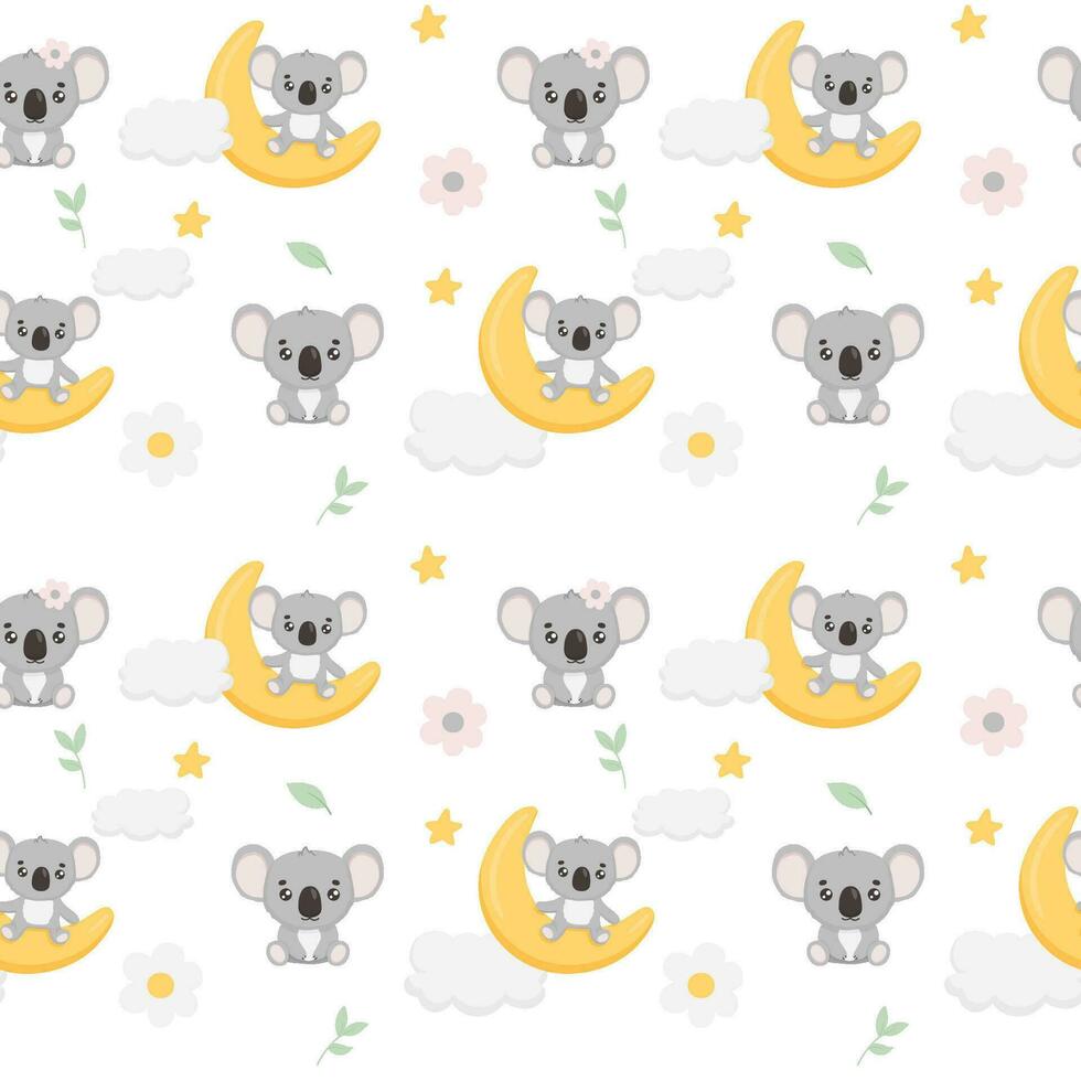 sans couture modèle avec mignonne koala sur croissant lune et étoiles. marrant puéril Contexte pour tissu, garderie fond d'écran. main tiré bébé koala vecteur