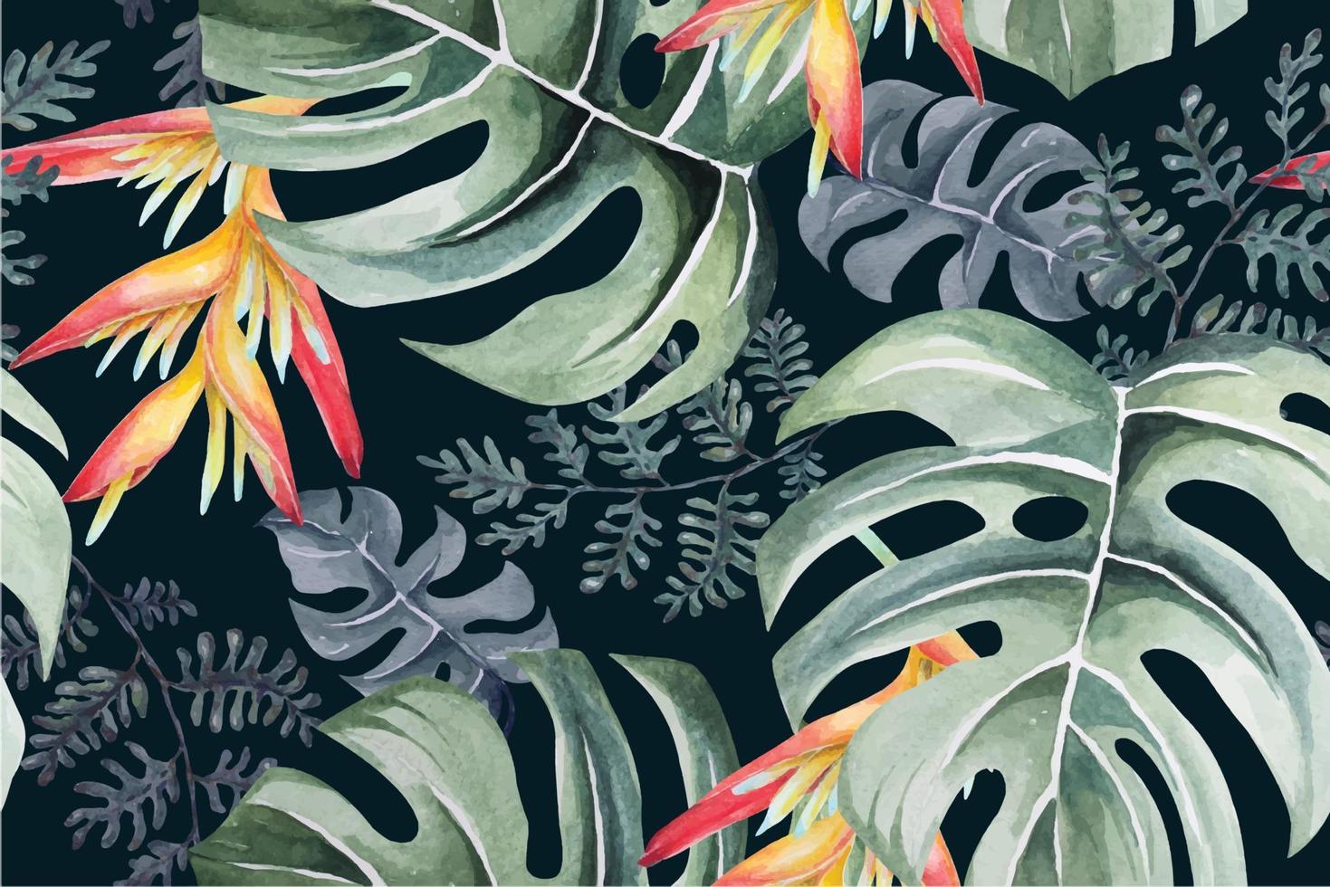 Heliconia et monstera motif harmonieux de plantes tropicales peintes à l'aquarelle.illustration de l'oiseau de paradis pour les motifs de tissus et de papiers peints de la forêt. vecteur