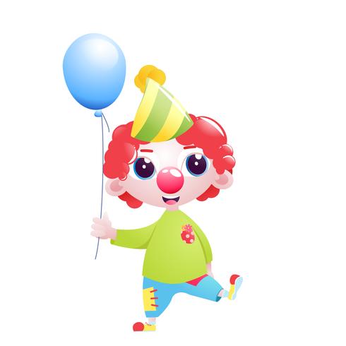 Un personnage de clown petit garçon jongle et plaisante et se tient debout avec un ballon au bas de l&#39;anniversaire. Illustration de dessin animé de vecteur