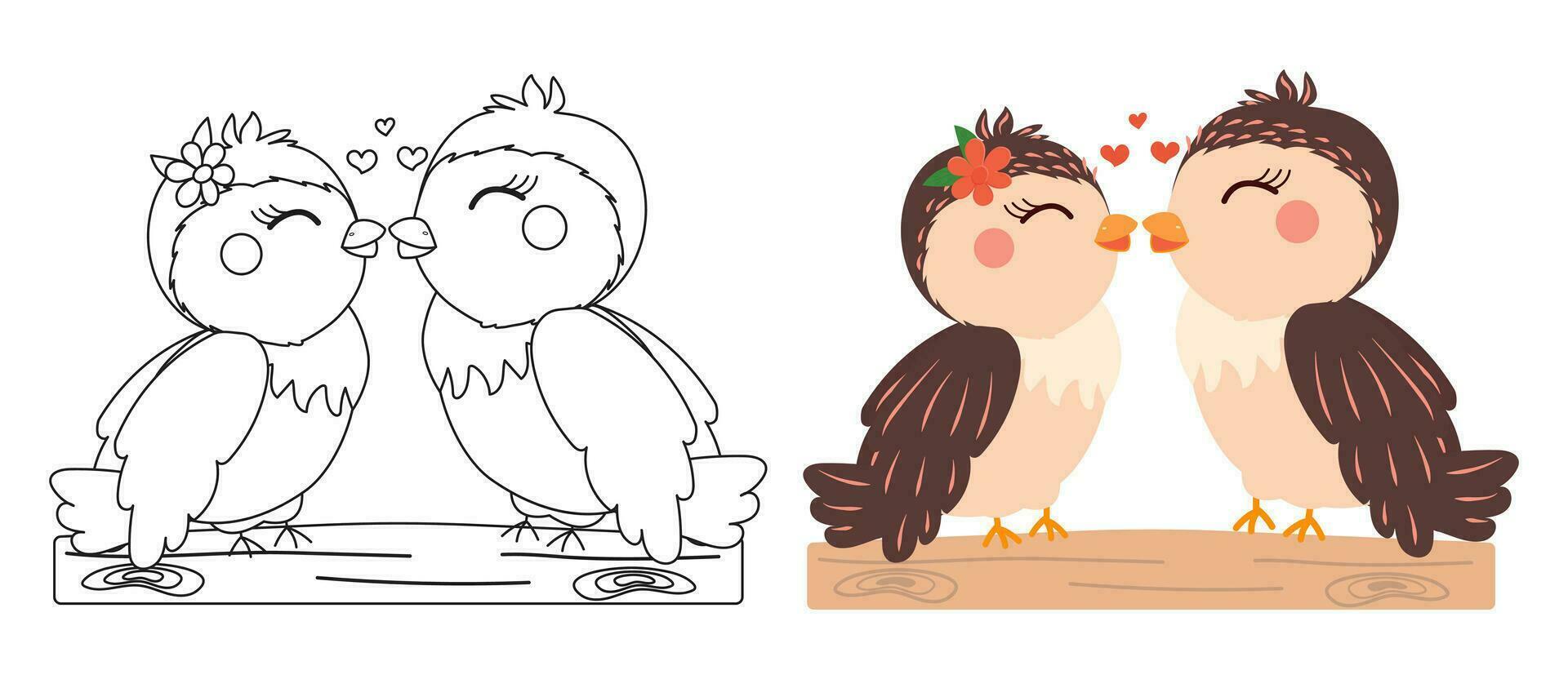l'amour des oiseaux coloration livre ou coloration livre.vecteur illustration de deux des oiseaux avec cœur impression pour carte postale, T-shirt conception, affiche. vecteur