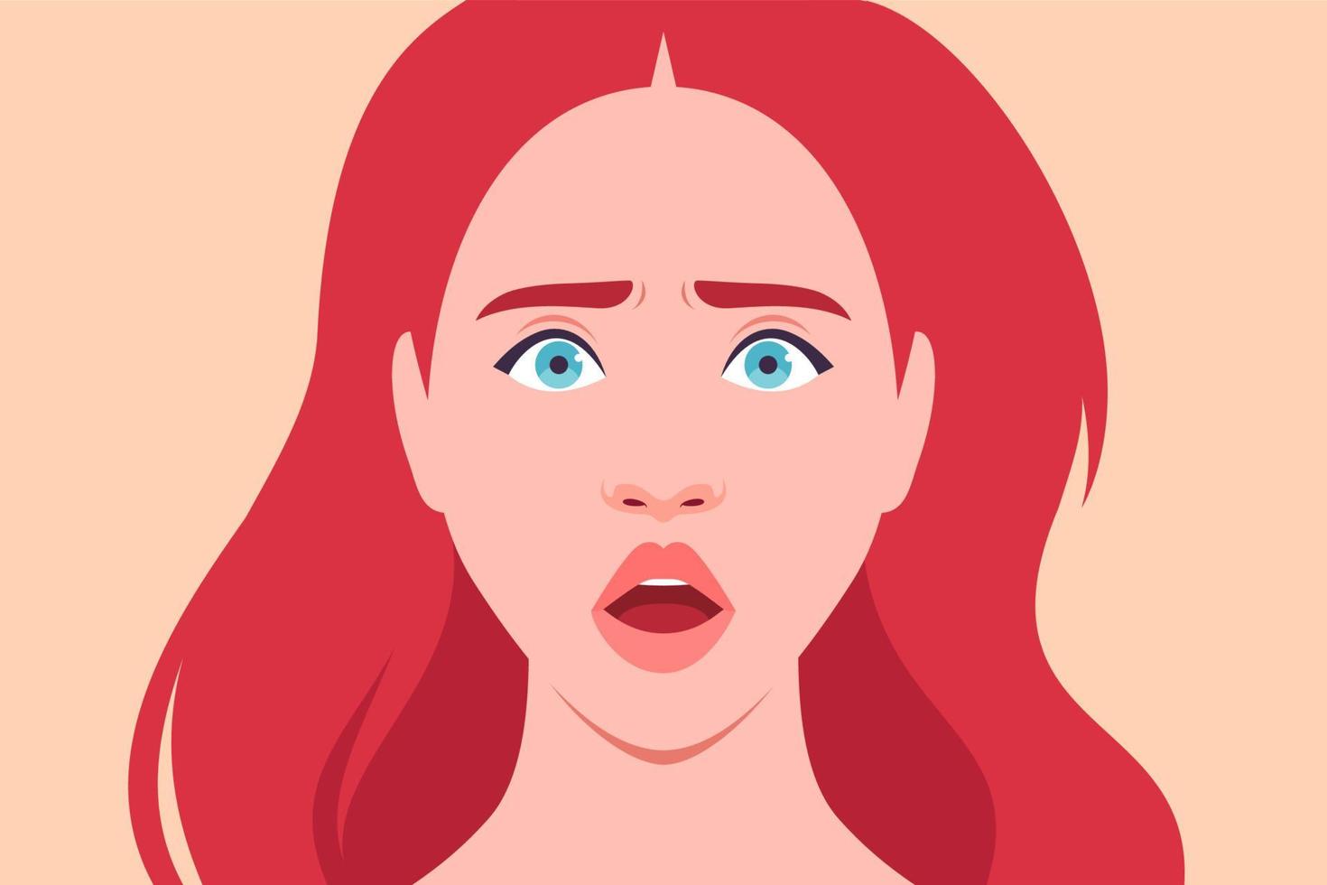 le visage d'une femme rousse effrayée vecteur