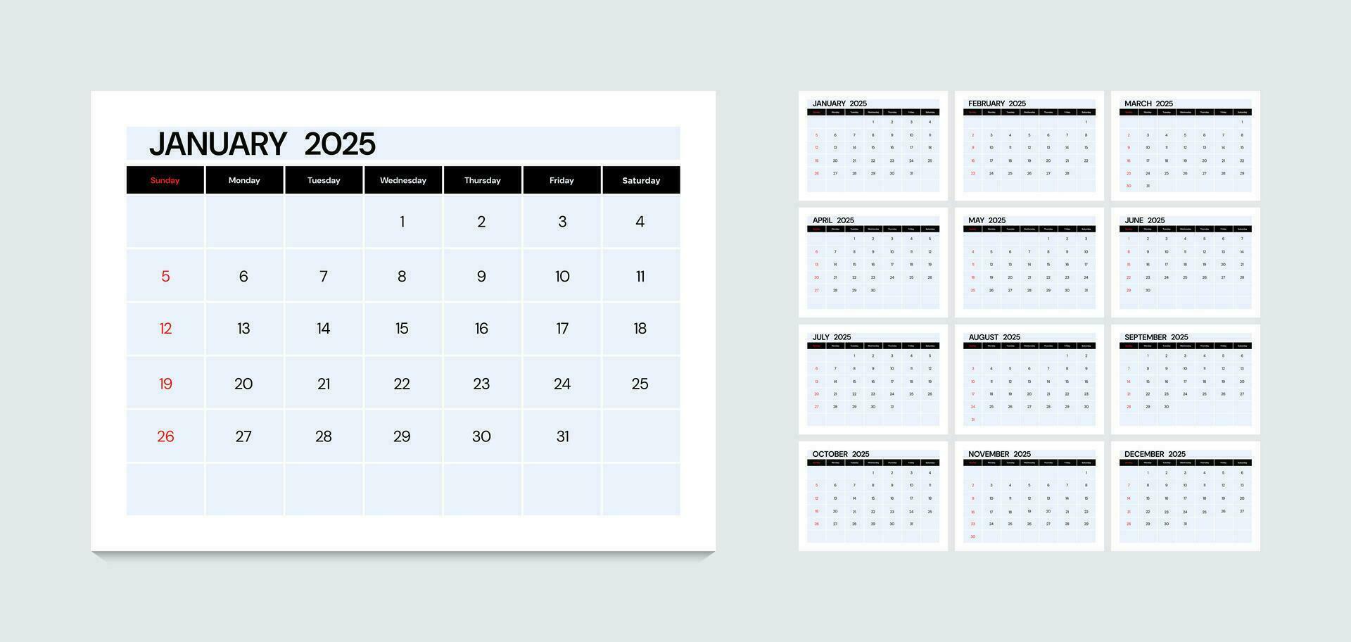 mensuel calendrier modèle pour 2025 an. vecteur