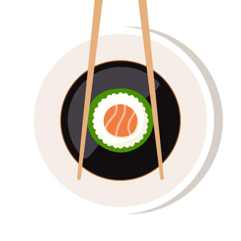 soja sauce dans une bol, baguettes avec Sushi pièce rouleau en dessous de le bol. Japonais cuisine, traditionnel aliments. vecteur illustration.