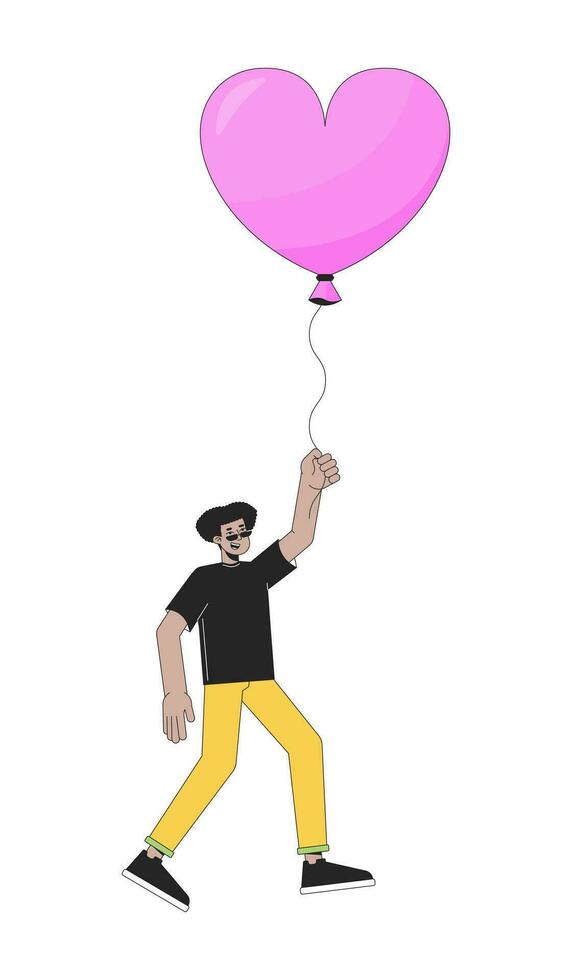 hispanique homme en volant avec ballon dans mains 2d linéaire dessin animé personnage. cœur en forme de ballon Masculin Latin américain isolé ligne vecteur la personne blanc Contexte. rêveur Couleur plat place illustration